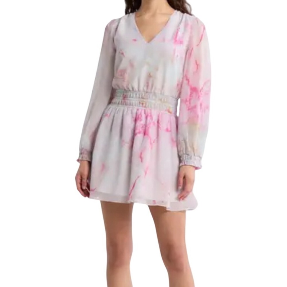 NEW Steve Madden Chiffon Long Sleeve Smocked Waist Pink Marble Mini Dress Size L